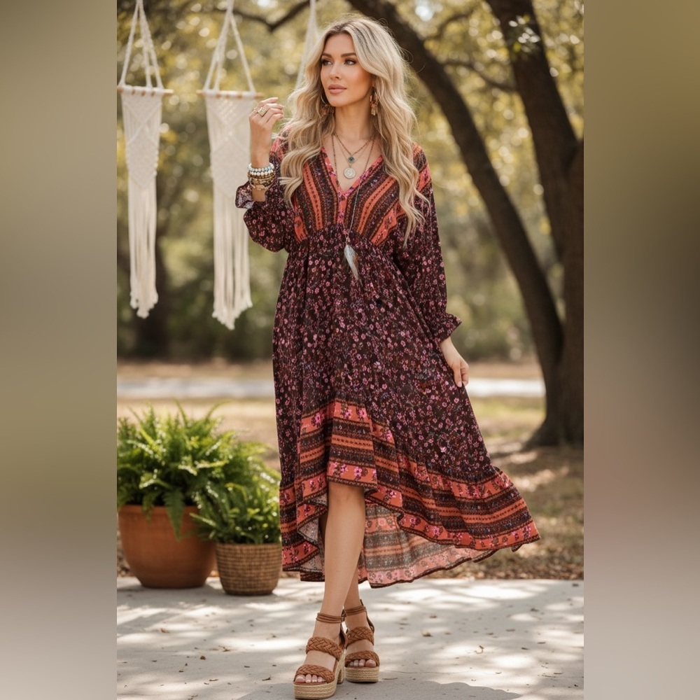 NWT UMGEE Boho Floral Print Tie Back High Low Asymmetrical Hi/Lo Dress - Picture 5 of 10